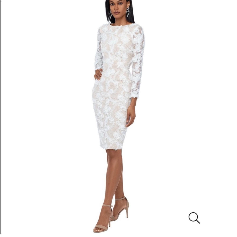 XscapeBoat Neck Long Sleeve Soutache Embroidered Floral Lace Midi Sheath Dress